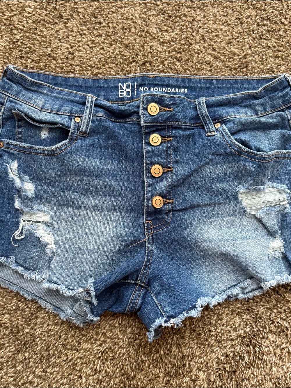 No Boundaries Women's Blue Distressed Button-Front Denim Shorts - Size 11